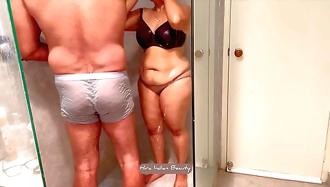 Indian blonde stepsis in her stepdaddys shower doing it