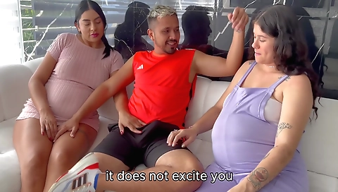 Two nice girls getting fucked on the bed by a dude