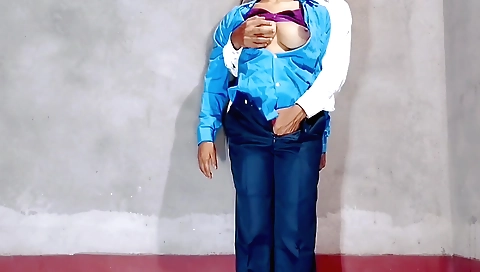 Indian office girl with natural tits plays with a dick