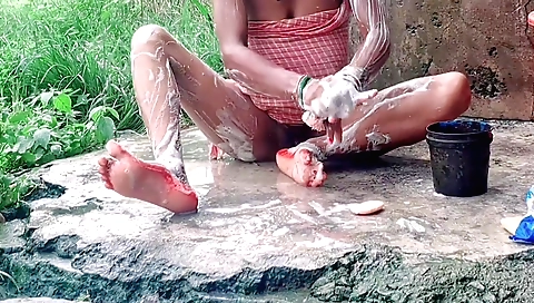 Hottie with a perfect round ass playing outdoor games