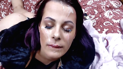 Amateur brunette 18+ in a sexy outfit and face covered in facial