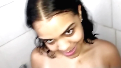 Cute brunette with a sexy lingerie is in shower pov