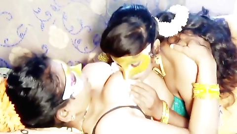 Busty teen lesbian with big boobs riding and sharing