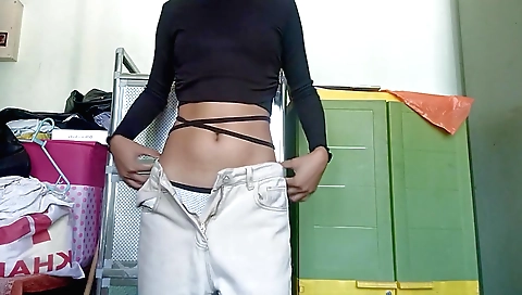 Sexy brunette strips naked after shower in the bathroom