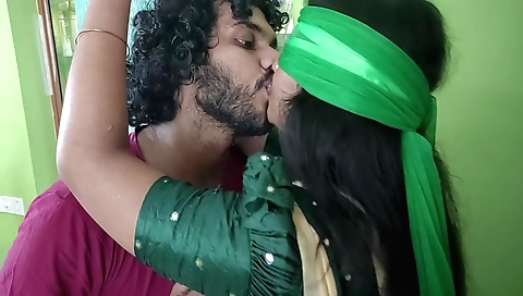 Brunette in half-saree gets hand-tied and blindfolded on the ceiling