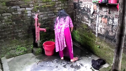 Indian woman cleans the bathroom and gets fucked by me