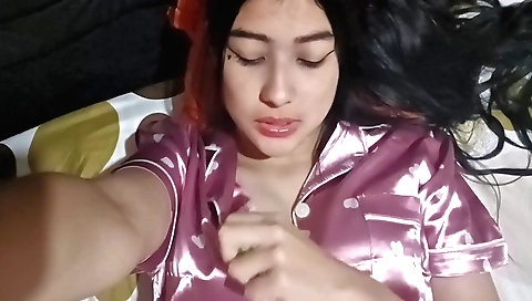 Stepdaughter with red dress and stockings works for her dad