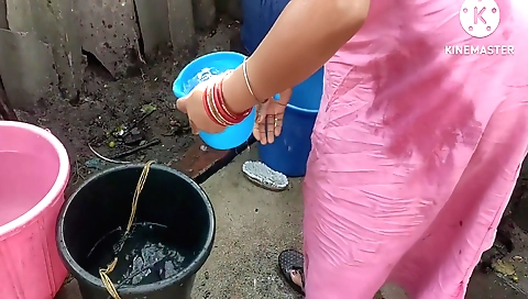 Hot naked chick in bikini outside with the sun shining on her